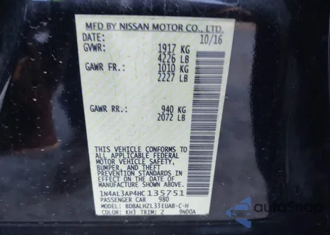 2017 Nissan Altima 2.5 Sr from USA, damaged, VIN 1N4AL3AP4HC135751